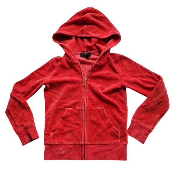 Juicy Couture Girl’s Red Velour Shiny Puppy Rhinestone Crown Graphic Hoodie 6/7 - Picture 3 of 12